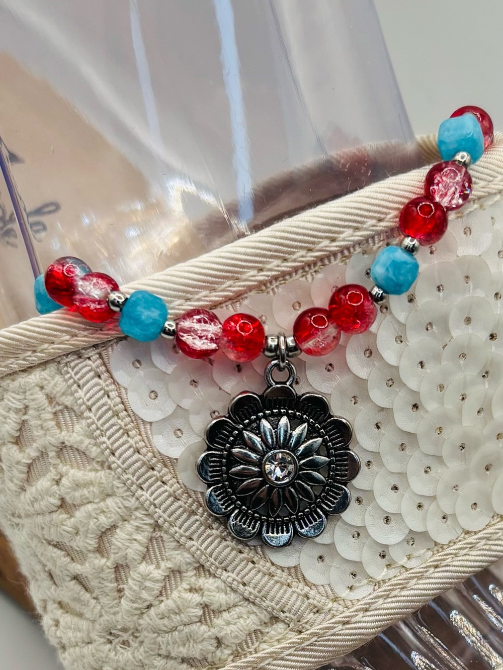 *Anklet* Southwestern Charm & Red Crackle Jade Stretchy Ankle Bracelet - Picture 4 of 6